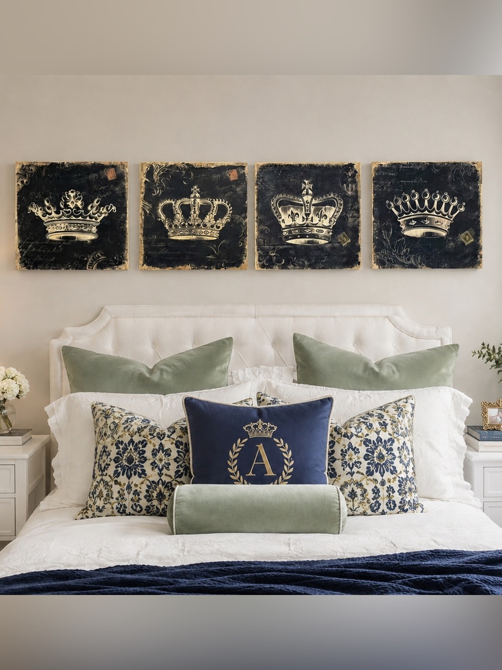 4 Crown print stretched burlap wall art canvases;  16” x 16”